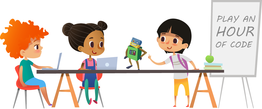 Cartoon image of students playing RoboGarden Hour of Code activities